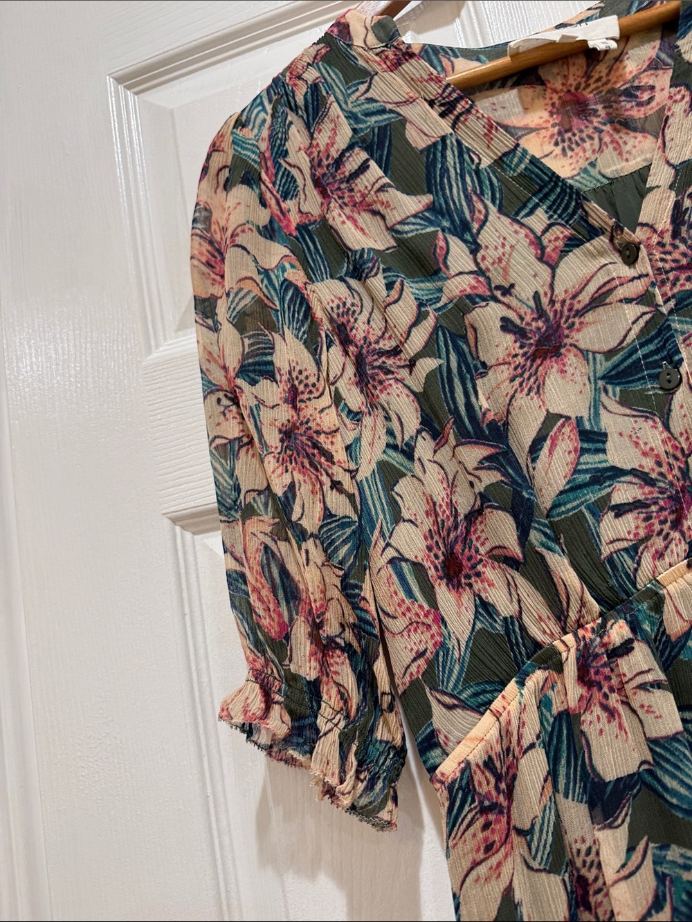 ba&sh Floral V-Neck Tiered Midi Dress in Teal and Blush - Picture 4 of 4